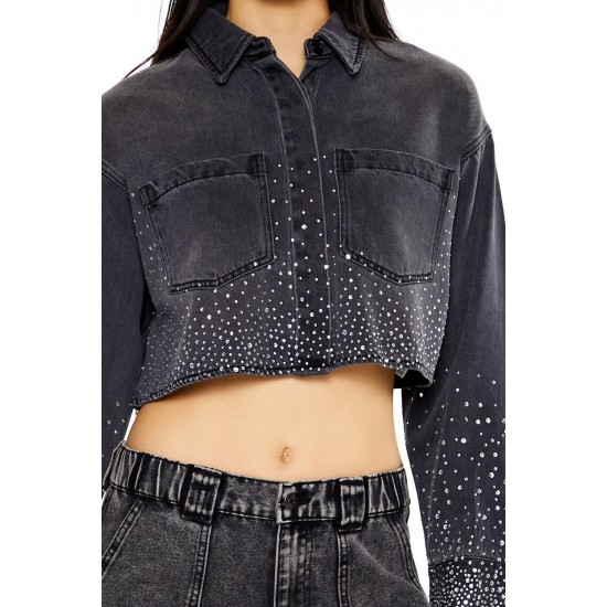 Cropped Rhinestone Denim Shirt Cropped Rhinestone Denim Shirt