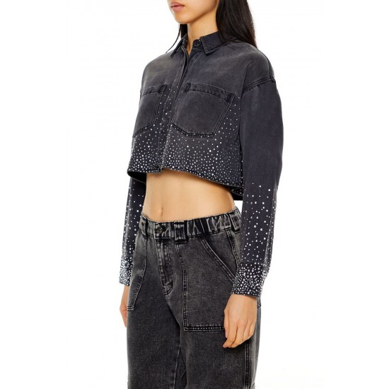 Cropped Rhinestone Denim Shirt Cropped Rhinestone Denim Shirt