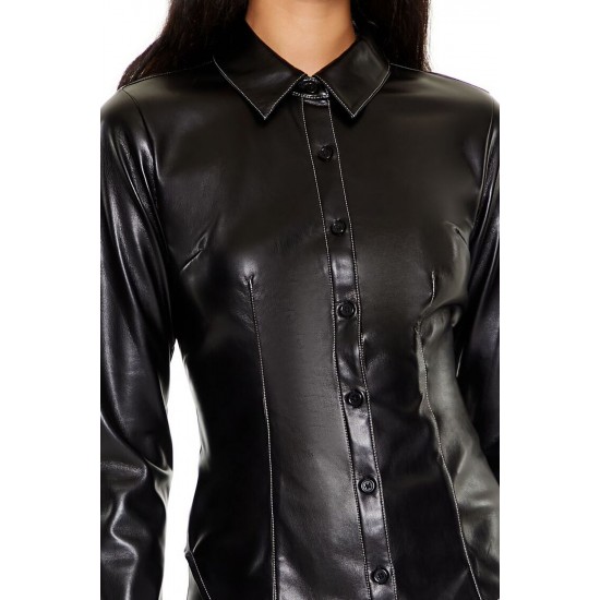 Faux Leather Curved-Hem Shirt Faux Leather Curved-Hem Shirt
