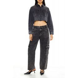 Cropped Rhinestone Denim Shirt