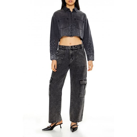 Cropped Rhinestone Denim Shirt Cropped Rhinestone Denim Shirt