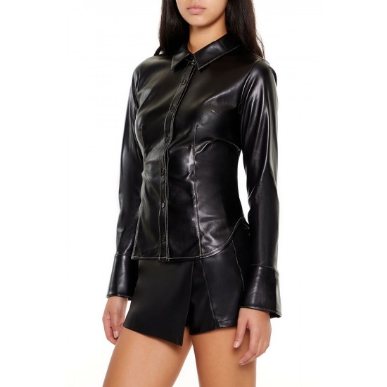 Faux Leather Curved-Hem Shirt Faux Leather Curved-Hem Shirt
